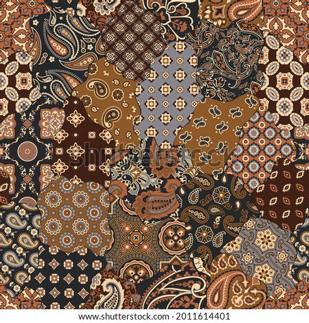 Paisley and geometric motifs fabric patchwork abstract vector seamless pattern 