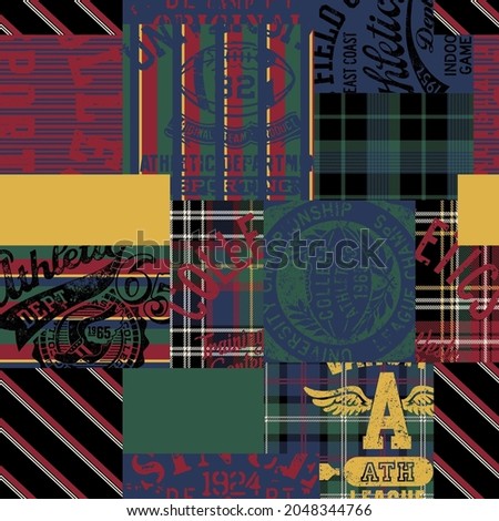 Vintage American college athletic symbol with tartan plaid patchwork vector seamless pattern