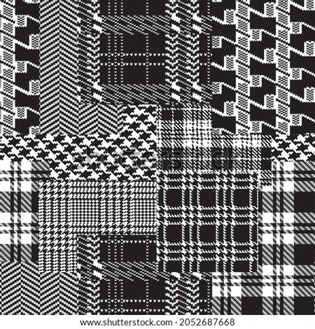 Tartan houndstooth and scottish jacquard fabric patchwork abstract vector seamless pattern in black and white