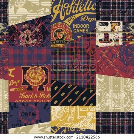 Vintage American college athletic elements patchwork grunge vector seamless pattern with plaid tartan and native fabric background Foto d'archivio © 