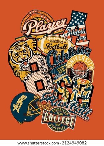 College athletic department sticker patchwork vintage vector artwork for boy shirt sport patches mix collection