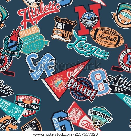 College athletic sporting badges collage patchwork vector seamless pattern