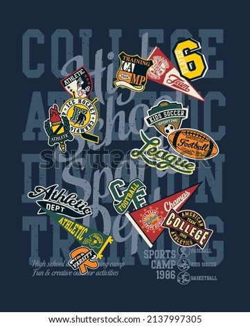 College athletic department sporting team badges collection vintage vector print for children kid wear with embroidery applique patches