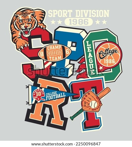 College sporting division sticker patchwork vintage vector artwork for boy shirt athletic patches mix collection