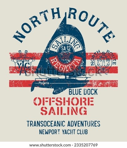 North route sailboat offshore sailing adventure  cute grunge artwork for children kid marine wear
