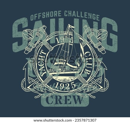 Offshore sailing northern route challenge  vintage vector print for boy kid man t shirt grunge effect in separate layer