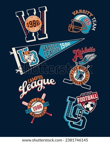 College sporting athletic department emblems patchwork abstract vintage vector artwork for kid boy t shirt with embroidery applique patches