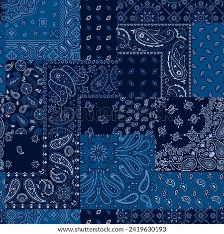 Blue bandana kerchief paisley fabric patchwork abstract vector seamless pattern for scarf kerchief shirt fabric carpet rug tablecloth pillow