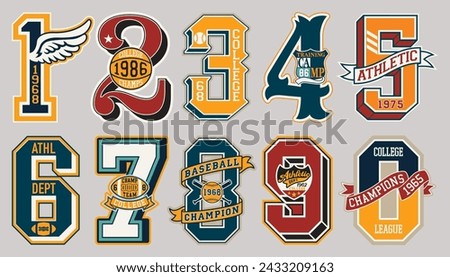 Varsity collegiate athletic sporting numbers vintage vector artwork for sport wear print and embroidery collection