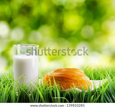 Fresh cinnamon bun and glass of milk on nature background