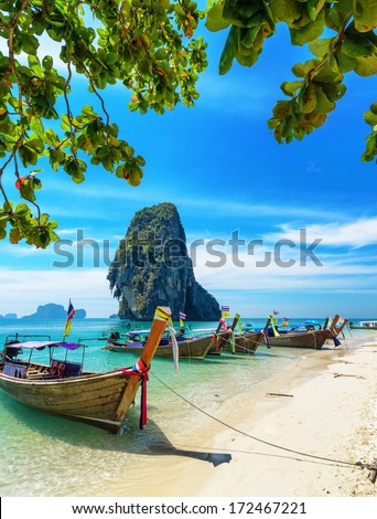 Boats on Phra Nang beach, Thailand.