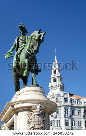 Monument to the first king of Portugal Don Pedro IV on the Liberty Square in Porto. Porto is one of the most popular tourist destinations in Europe.