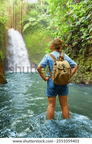 Similar – Image, Stock Photo Tranquil female traveler among palms at seashore