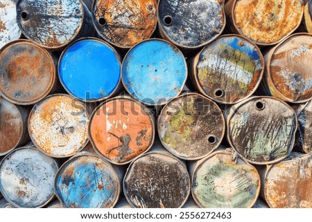 Similar – Image, Stock Photo Stacked, rusty metal drums and other waste