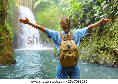 Similar – Image, Stock Photo Tranquil female traveler among palms at seashore