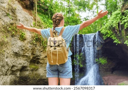 Similar – Image, Stock Photo Tranquil female traveler among palms at seashore