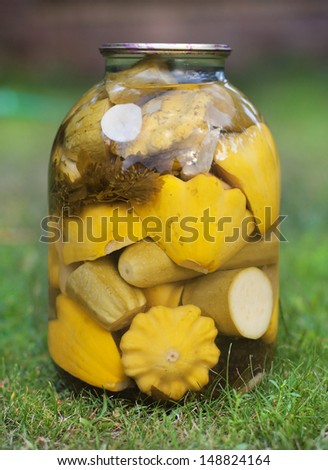 Homemade canned yellow squash on the grass background