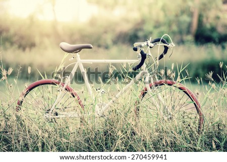 beautiful landscape image with sport vintage Bicycle at summer grass field ; old vintage filter style