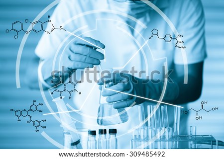 scientist with equipment and science experiments.with chemical equations
