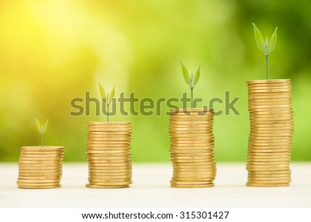 Business Finance and Money concept, Money Gold coin stack growing graph with green bokeh background,Trees growing on gold coin