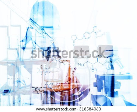 scientist writing report with equipment and science experiments with chemical equations.Double exposure style
