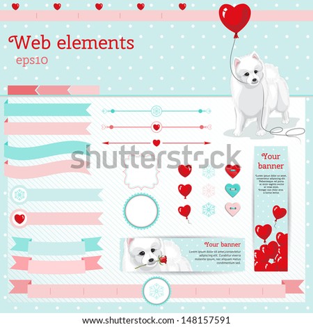 Vector set of web elements. White Spitz, balloons, hearts, roses, snowflakes and polka dot pattern. Header of the site, banners, navigation elements, dividers and buttons. 