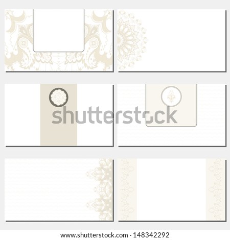 Set of six horizontal business cards. Oriental pattern. Complied with the standard sizes. Raster copy of the vector.