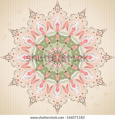 Round lace pattern with oriental floral elements on vintage background with stripes and blotches