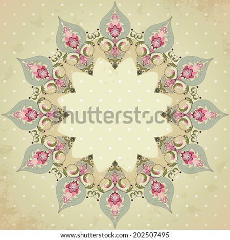 Round lace pattern with oriental floral elements on vintage background with polka dots and blotches.