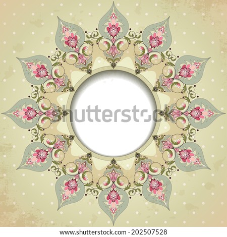 Round vector frame with oriental floral elements on vintage background with polka dots and blotches. Place for your text.