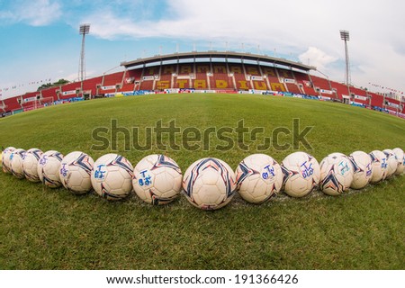 PATHUMTHANI THAILAND-MAY 05:Detailed football during a Thai Premier League match between Police Utd.and Songkhla Utd.at Thammasat Stadium on May 05,2014,Thailand