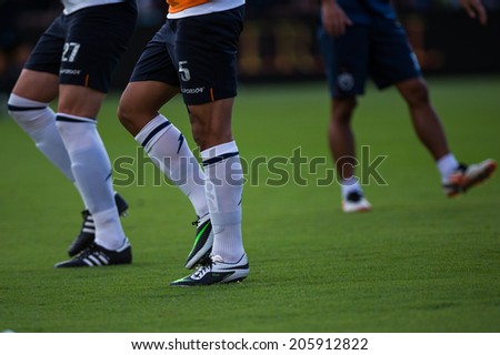 NONTHABURI THAILAND-Jul02:Detail of soccer cleats during the Toyota League Cup between SCG Muangthong Utd and Buriram United at SCG Stadium on July02,2014,Thailand