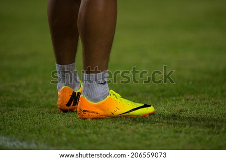 PATHUMTHANI THAILAND-Jul19:Soccer shoe during the Thai Premier League between Police United and Sisaket FC at Thammasat Stadium on July 19,2014,Thailand