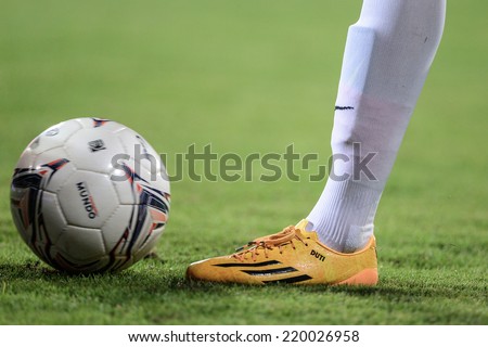 BANGKOK THAILAND-Sep20:close up of soccer cleats during in  the Charity Shield for Paralympicthai Between Muangtohong Vs BG FC.at SCG Stadium on September20,2014 in Thailand
