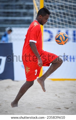 PHUKET THAI-NOV19:ALSINANI Jalal Khamis Rabee\'A of Oman controls the ball during Beach Soccer match between Oman and Vietnam the 2014 Asian Beach Games at Saphan Hin on November19,2014 in Thailand
