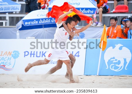 PHUKET THAILAND-NOV19:HUYNH Ngoc Cuong of Vietnam reacts during the Beach Soccer match between Oman and Vietnam the 2014 Asian Beach Games at Saphan Hin on November19,2014 in Thailand