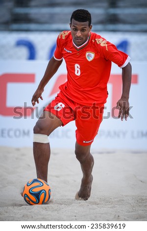 PHUKET THAI-NOV19:ABDULLAH Al Alawi Ghait of Oman in action during the Beach Soccer match between Oman and Vietnam the 2014 Asian Beach Games at Saphan Hin on November19,2014 in Thailand