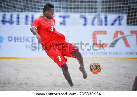PHUKET THAILAND-NOV19:ALSINANI Jalal Khamis Rabee\'A of Oman in action during the Beach Soccer match between Oman and Vietnam the 2014 Asian Beach Games at Saphan Hin on November19,2014 in Thailand