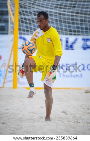 PHUKET THAILAND-NOV19:Goalkeeper AL FARSI SAID Ali of Oman controls the ball during Beach Soccer match between Oman and Vietnam the 2014 Asian Beach Games at Saphan Hin on November19,2014 in Thailand