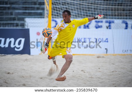 PHUKET THAILAND-NOV19:Goalkeeper AL FARSI SAID Ali of Oman in action during the Beach Soccer match between Oman and Vietnam the 2014 Asian Beach Games at Saphan Hin on November19,2014 in Thailand