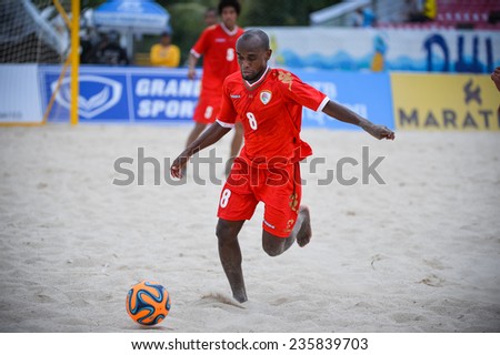 PHUKET THAILAND-NOV19:Yaqoob Rabia Al Alawi of Oman in action during the Beach Soccer match between Oman and Vietnam the 2014 Asian Beach Games at Saphan Hin on November19,2014 in Thailand