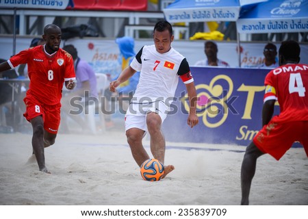 PHUKET THAILAND-NOV19:LE Kim Tuan(W)of Vietnam hit the ball during the Beach Soccer match between Oman and Vietnam the 2014 Asian Beach Games at Saphan Hin on November19,2014 in Thailand