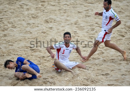 PHUKET THAILAND-NOV19:Hassan Abdollahi Mobarhan#3 of Iran reacts during the Beach Soccer match between Iran and Thailand the 2014 Asian Beach Games at Saphan Hin on November19,2014 in Thailand