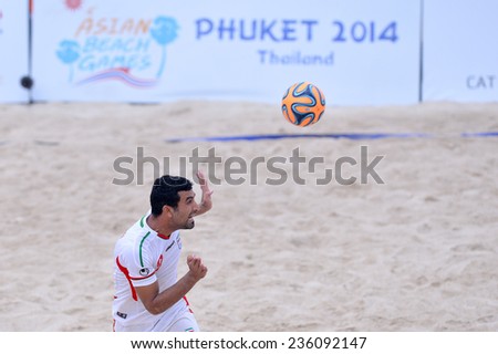 PHUKET THAILAND-NOV19:Mohammadali Mokhtari of Iran heads the ball during the Beach Soccer match between Iran and Thailand the 2014 Asian Beach Games at Saphan Hin on November19,2014 in Thailand