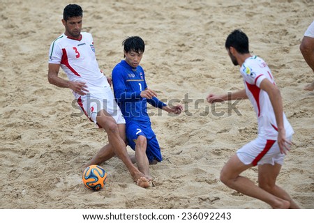 PHUKET THAILAND-NOV19:Hassan Abdollahi Mobarhan#3 of Iran during the Beach Soccer match between Iran and Thailand the 2014 Asian Beach Games at Saphan Hin on November19,2014 in Thailand