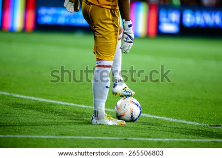 NONTHABURI THAI-Mar 07:shoe and football detail during the Thai Premier League 2015 between SCG Muangthong UTD. and Port F.C. at SCG Stadium on March 07,2015 in,Thailand