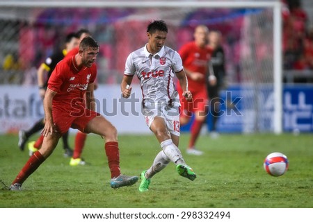 BANGKOK THAILAND JULY 14:Patipan Petpool(W) of Thai All Stars hit the ball during the international friendly match Thai All Stars and Liverpool FC at Rajamangala Stadium on July 14,2015 in,Thailand