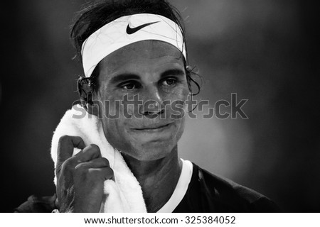 BANGKOK THAILAND OCTOBER 02:Rafael Nadal of Spain looks on during  the Black to Thailand Nadal vs Djokovic exhibition match at Hua Mark Indoor Stadium on Oct 2, 2015 in,Thailand
