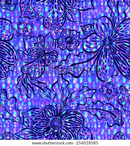 seamless flowers in line art on tie dye background. tropical orchids and iris on abstract background.