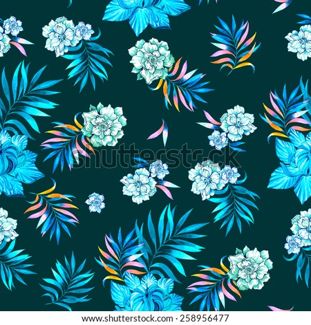 seamless floral pattern. exotic flowers and leaves: chrysanthemum, daisy, palm.